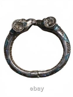 Vintage 1970's Sterling Silver Double Ram's Head Bangle Blue Enamel & Filigree