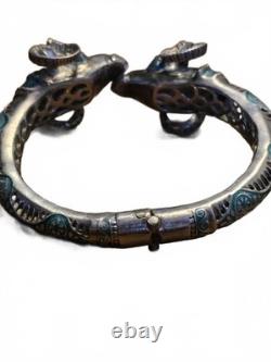 Vintage 1970's Sterling Silver Double Ram's Head Bangle Blue Enamel & Filigree