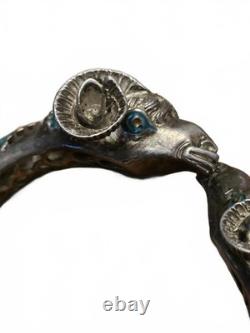 Vintage 1970's Sterling Silver Double Ram's Head Bangle Blue Enamel & Filigree