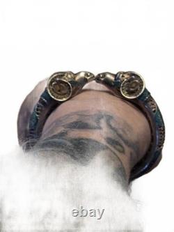 Vintage 1970's Sterling Silver Double Ram's Head Bangle Blue Enamel & Filigree