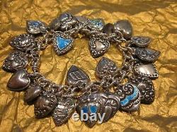 Vintage 24 Sterling Silver PUFFY HEART CHARM Bracelet GUILOCHE W LAMPL ENAMELS