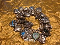 Vintage 24 Sterling Silver PUFFY HEART CHARM Bracelet GUILOCHE W LAMPL ENAMELS