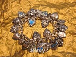 Vintage 24 Sterling Silver PUFFY HEART CHARM Bracelet GUILOCHE W LAMPL ENAMELS