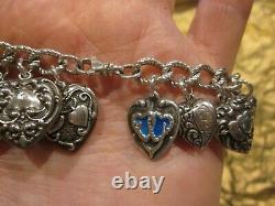 Vintage 24 Sterling Silver PUFFY HEART CHARM Bracelet GUILOCHE W LAMPL ENAMELS