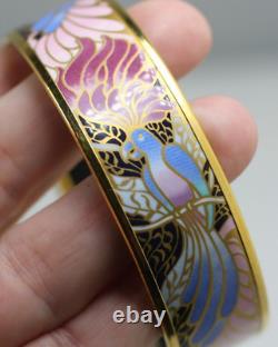 Vintage 24ct GOLD plate MICHAELA FREY BANGLE enamel bird pattern 8 1/4