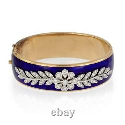 Vintage 2ct Diamond Blue Enamel 18k Gold Wide Floral Hinge Bangle Bracelet