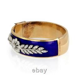 Vintage 2ct Diamond Blue Enamel 18k Gold Wide Floral Hinge Bangle Bracelet
