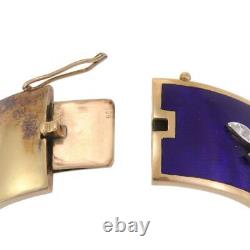Vintage 2ct Diamond Blue Enamel 18k Gold Wide Floral Hinge Bangle Bracelet
