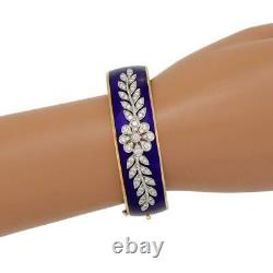 Vintage 2ct Diamond Blue Enamel 18k Gold Wide Floral Hinge Bangle Bracelet