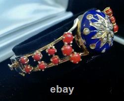 Vintage 4.25Ct Red Coral, Blue Enamel & Pearls, Yellow Gold Bangle Jewelry