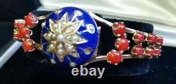 Vintage 4.25Ct Red Coral, Blue Enamel & Pearls, Yellow Gold Bangle Jewelry