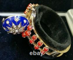 Vintage 4.25Ct Red Coral, Blue Enamel & Pearls, Yellow Gold Bangle Jewelry