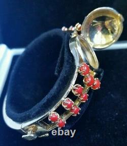 Vintage 4.25Ct Red Coral, Blue Enamel & Pearls, Yellow Gold Bangle Jewelry