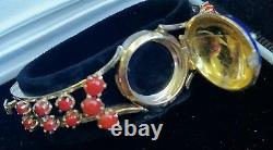 Vintage 4.25Ct Red Coral, Blue Enamel & Pearls, Yellow Gold Bangle Jewelry