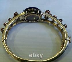 Vintage 4.25Ct Red Coral, Blue Enamel & Pearls, Yellow Gold Bangle Jewelry