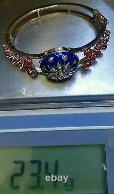 Vintage 4.25Ct Red Coral, Blue Enamel & Pearls, Yellow Gold Bangle Jewelry
