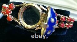 Vintage 4.25Ct Red Coral, Blue Enamel & Pearls, Yellow Gold Bangle Jewelry