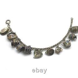 Vintage 800 Silver Blue Multicolor Enamel Charm Bracelet 7.25