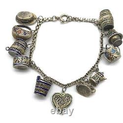 Vintage 800 Silver Blue Multicolor Enamel Heart Pots Charm Bracelet 7.25