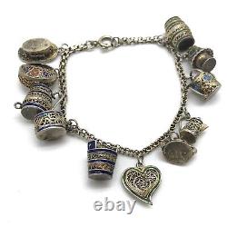 Vintage 800 Silver Blue Multicolor Enamel Heart Pots Charm Bracelet 7.25