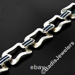 Vintage. 800 Sterling Silver 8 Large Wide Open Link Bracelet with Blue Enamel 46g