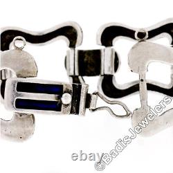 Vintage. 800 Sterling Silver 8 Large Wide Open Link Bracelet with Blue Enamel 46g
