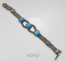Vintage 900 Silver Turquoise Niello Enamel Multi Chain Bracelet