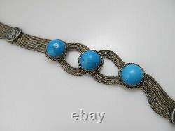 Vintage 900 Silver Turquoise Niello Enamel Multi Chain Bracelet