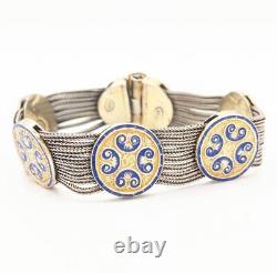 Vintage 925 Silver 48.2g Blue Enamel Medallion Multi Strand Rope Unique Bracelet