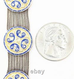 Vintage 925 Silver 48.2g Blue Enamel Medallion Multi Strand Rope Unique Bracelet