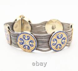 Vintage 925 Silver 48.2g Blue Enamel Medallion Multi Strand Rope Unique Bracelet