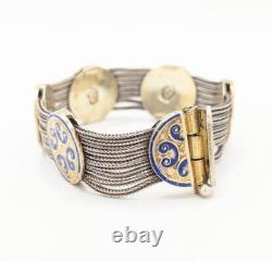 Vintage 925 Silver 48.2g Blue Enamel Medallion Multi Strand Rope Unique Bracelet