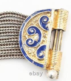 Vintage 925 Silver 48.2g Blue Enamel Medallion Multi Strand Rope Unique Bracelet