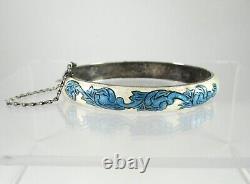Vintage. 925 Sterling Silver Bangle Bracelet Blue & White Enamel Hinged Engraved