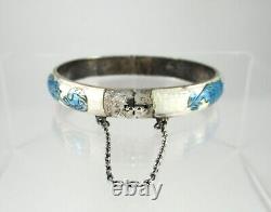 Vintage. 925 Sterling Silver Bangle Bracelet Blue & White Enamel Hinged Engraved