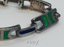 Vintage 925 Sterling Silver Blue & Green Enamel Guilloche Bracelet