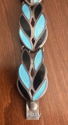 Vintage 925 Sterling Silver Margot de Taxco Blue/Black Enamel Leaf Bracelet 5524