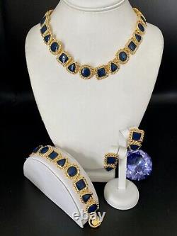 Vintage ANNE KLEIN Navy Blue Enamel Roped Gold Tone Necklace Bracelet Earrings