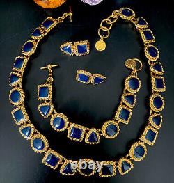 Vintage ANNE KLEIN Navy Blue Enamel Roped Gold Tone Necklace Bracelet Earrings