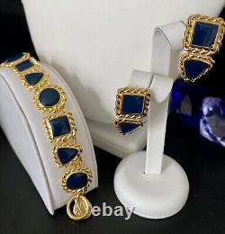 Vintage ANNE KLEIN Navy Blue Enamel Roped Gold Tone Necklace Bracelet Earrings