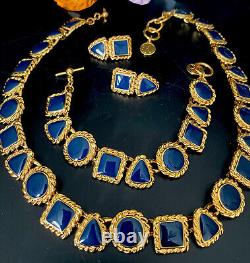 Vintage ANNE KLEIN Navy Blue Enamel Roped Gold Tone Necklace Bracelet Earrings