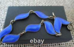 Vintage Aksel Holmsen Bracelet 925 Sterling Guilloche Norse Blue Enamel Leaf