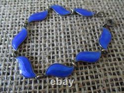 Vintage Aksel Holmsen Bracelet 925 Sterling Guilloche Norse Blue Enamel Leaf