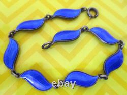 Vintage Aksel Holmsen Bracelet 925 Sterling Guilloche Norse Blue Enamel Leaf