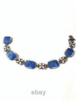 Vintage Aksel Holmsen Norne Blue Guilloche Enamel Sterling Silver Panel Bracelet