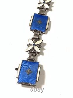 Vintage Aksel Holmsen Norne Blue Guilloche Enamel Sterling Silver Panel Bracelet