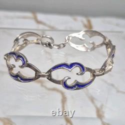 Vintage Arezo Italy 800 Silver Blue Enamel Swirl Link Toggle Bracelet 7.75