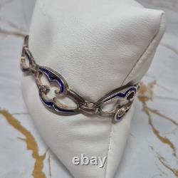 Vintage Arezo Italy 800 Silver Blue Enamel Swirl Link Toggle Bracelet 7.75