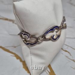 Vintage Arezo Italy 800 Silver Blue Enamel Swirl Link Toggle Bracelet 7.75
