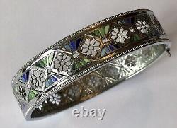 Vintage Art Deco Blue And Green Enameled Hinged Bracelet